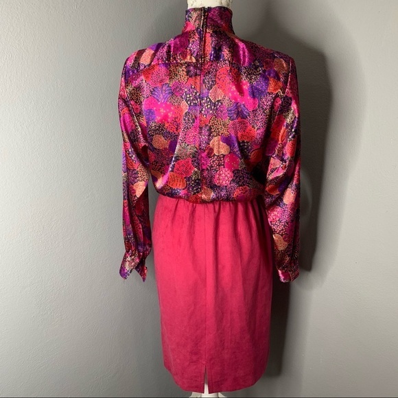 Vintage 80s 70s Dress Satin Purple Pink Floral 8 - Picture 3 of 4